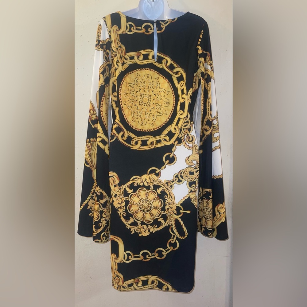 Ashley Stewart Black and Gold Chain Print Dress - Picture 4 of 7